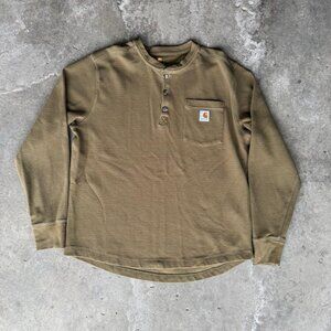 Carhartt Olive Long Sleeve Henley Shirt • Workwear • Authentic • Size L